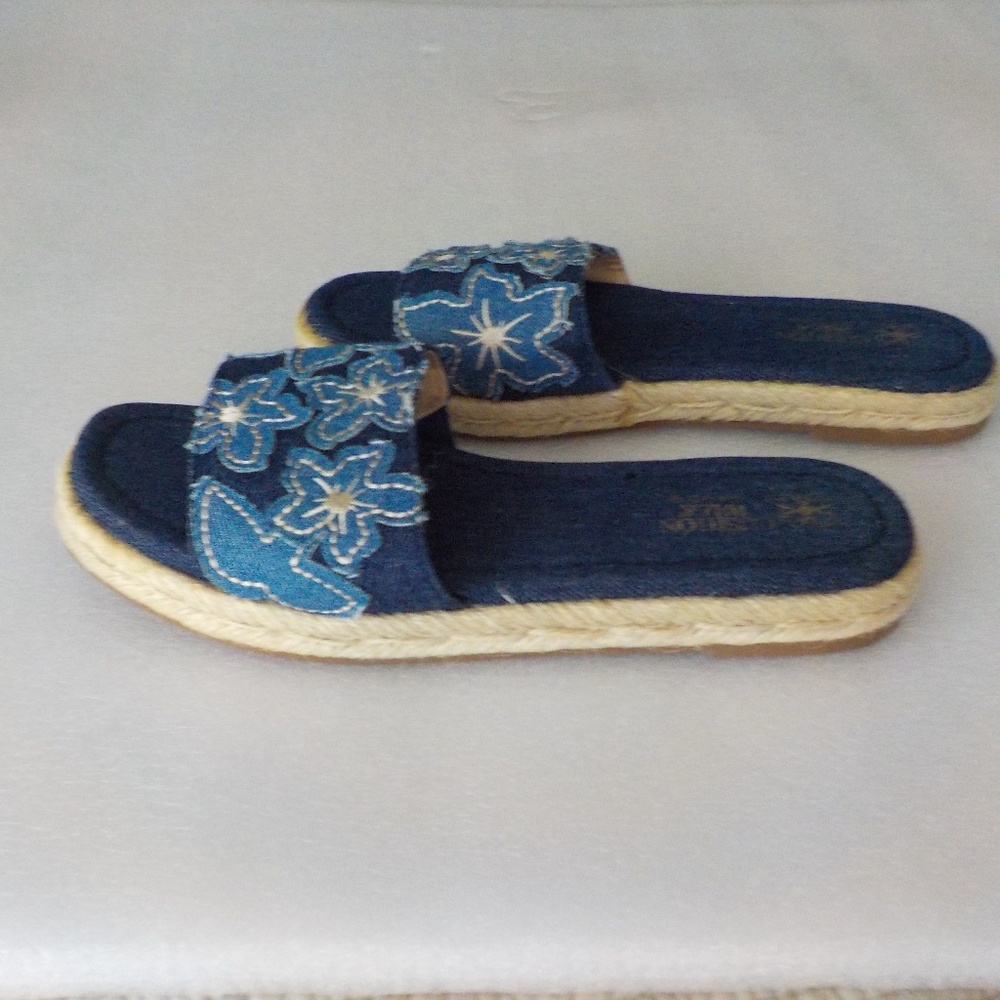 Blue Denim Floral Summer Slip-On Sandals